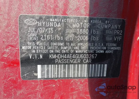 2016 Hyundai Elantra Se from USA, damaged, VIN KMHDH4AE4GU603267